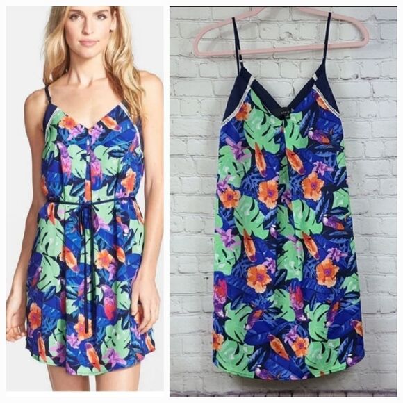 Adelyn Rae Tropical Hawaiian Parrot Chiffon Slip Dress Sleeveless Sundress Small - Picture 1 of 10